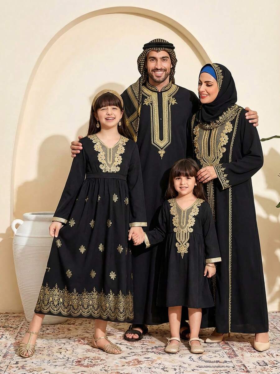 Girls' Dress, Middle Eastern Style Embroidered Collar, Metallic Foil Print, Elegant & Luxurious, Suitable For Spring/Autumn Everyday Wear - Black - View 1