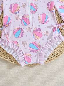 1件婴儿/女婴长袖连体泳衣，带拉链，可爱蝴蝶结和花朵印花，含帽子 - 彩色 - 查看 4