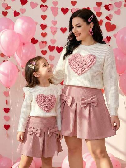 4-7Y Girls Casual Sweet White Knit Jacquard Bow Decor Ruffle Trim Long Sleeve Crew Neck Top & Pink Corduroy Elastic Waist Pleated Skirt, Suitable For Daily Wear, Casual Outing
