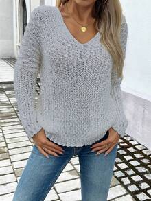 EMERY ROSE Suéter holgado de punto de unicolor con cuello en V para uso diario casual de mujer, otoño/invierno - Gris Claro - Ver 4