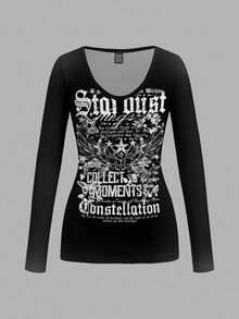 Attitoon Punk Wings, Heart And Cross Pattern V-Neck Long Sleeve T-Shirt, Suitable For Women, Halloween, Y2K Style, Streetwear, Retro, Back-To-School, Fall, Vacation, Casual Wear, Autumn/Winter, Hip-Hop, Style Core Aesthetics, Gothic, Cyber Gothic And Other Styles. - White - View 3