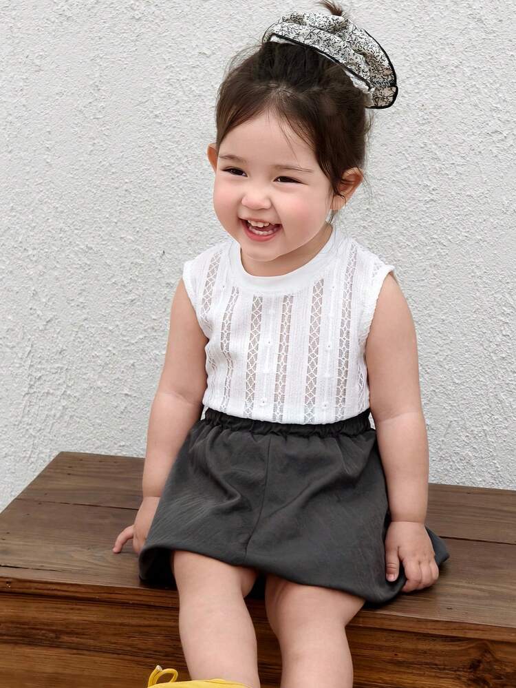 Baby Girls' Textured Sleeveless T-Shirt And Solid Color Skirt 2-Piece Set Summer