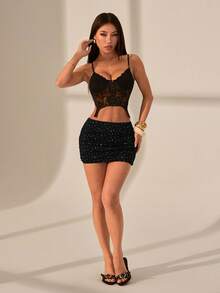 SHEIN PETITE 2pcs/Set Black Mesh Skirt, Solid Color + Sequin Decor Glitter Mini Skirt Sexy Mini Skirts For Women Black Mini Skirt Sparkly Bodycon Skirt Rhinestone Ruched Mini Skirt - Black - View 5