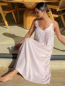 DAZY 度假风花卉饰边吊带长款女士睡裙 - 粉色 - 查看 1