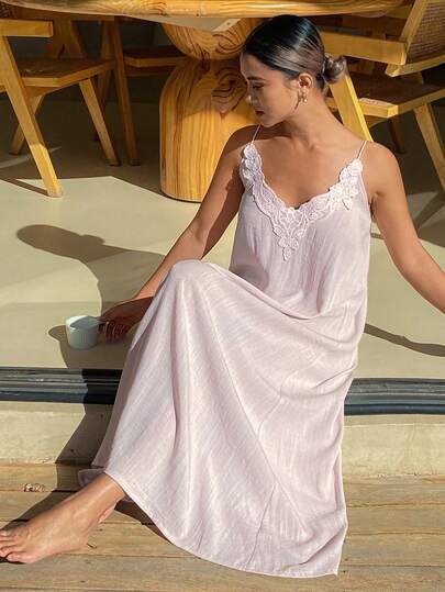 DAZY 度假风花卉饰边吊带长款女士睡裙