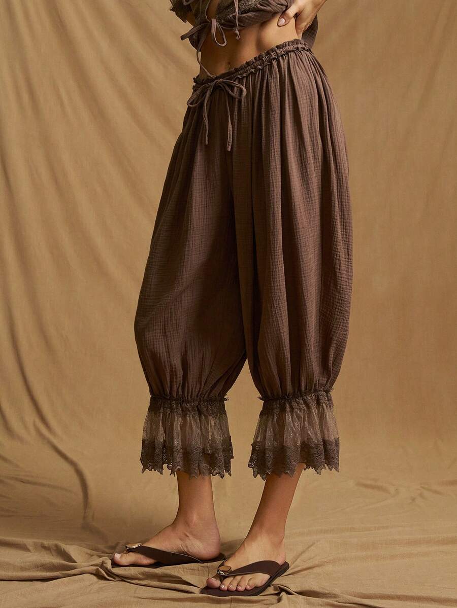 SHEIN ICON Y2k 女士黑色西部波西米亚风度假休闲纯色抽绳灯笼裤，春夏款 - 棕色 - 查看 1