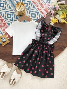 SHEIN 2pcs/Set Baby Girls Cute Cartoon Print Short Sleeve Top And Peony Floral Ruffle Hem Suspender Skirt Set,Black And White,Summer,Family Matching Outfit - Black - View 4