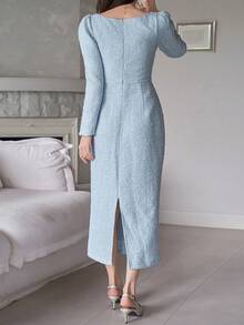 DAZY Đầm midi nữ thanh lịch cổ vuông có túi tay phồng thắt nơ, thích hợp cho dự tiệc cưới mùa xuân/hè. - Màu xanh nhạt - Xem 2