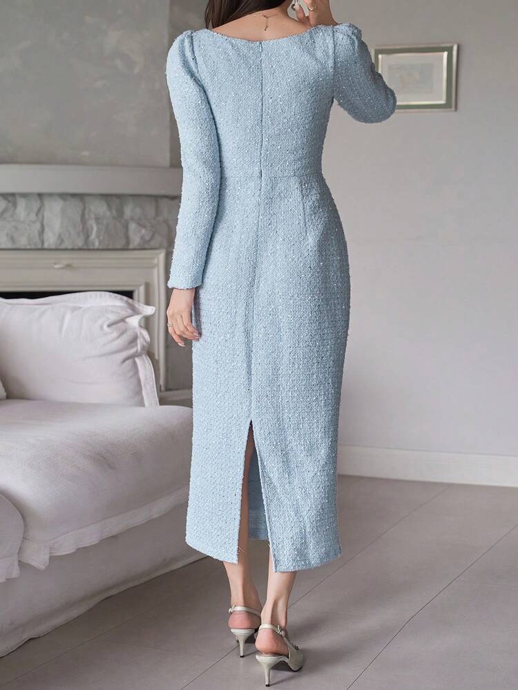 Women's Elegant Square Neck Pocket Puff Sleeve Bowknot Midi Dress, Spring/Summer Wedding Guest Dress Sundress