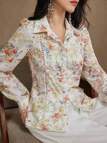 DAZY Damen elegante Bluse mit Blumenmuster und Puffärmeln, Frühling - Aprikosenfarben - Übersicht 7