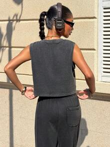 Muchica Sleeveless Applique Round Neck Summer Casual Sports Tank Top - Black - View 2