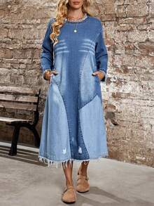 SHEIN LUNE Women's Round Neck Frayed Pocket Distressed Design Fashion Vacation Party Long Sleeve Denim Dress - Blue - View 6