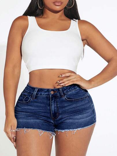 SHEIN SXY Plus Size Women High Waist Pockets Frayed Hem Casual Denim Shorts