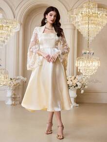 Modelyn 女士优雅派对礼服，饰有亮片拼接、透视网纱袖和收腰设计，缎面面料 - 杏色 - 查看 3