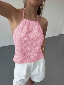 Aloruh Stylish Pink Woven Fabric Halter Top For Women With Cold Shoulder Detail And Knot Asymmetrical Hem - Pink - View 5