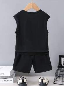 SHEIN Bộ đồ mùa hè dễ thương gồm áo không tay cổ tròn và quần short, thích hợp cho kỳ nghỉ, du lịch, thư giãn và tắm nắng. - màu đen - Xem 2