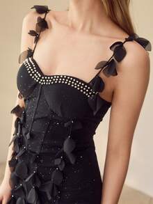 MOTF PREMIUM WOMEN'S HANDMADE 3D FLORAL CAMISOLE BODYCON MINI DRESS - Black - View 2