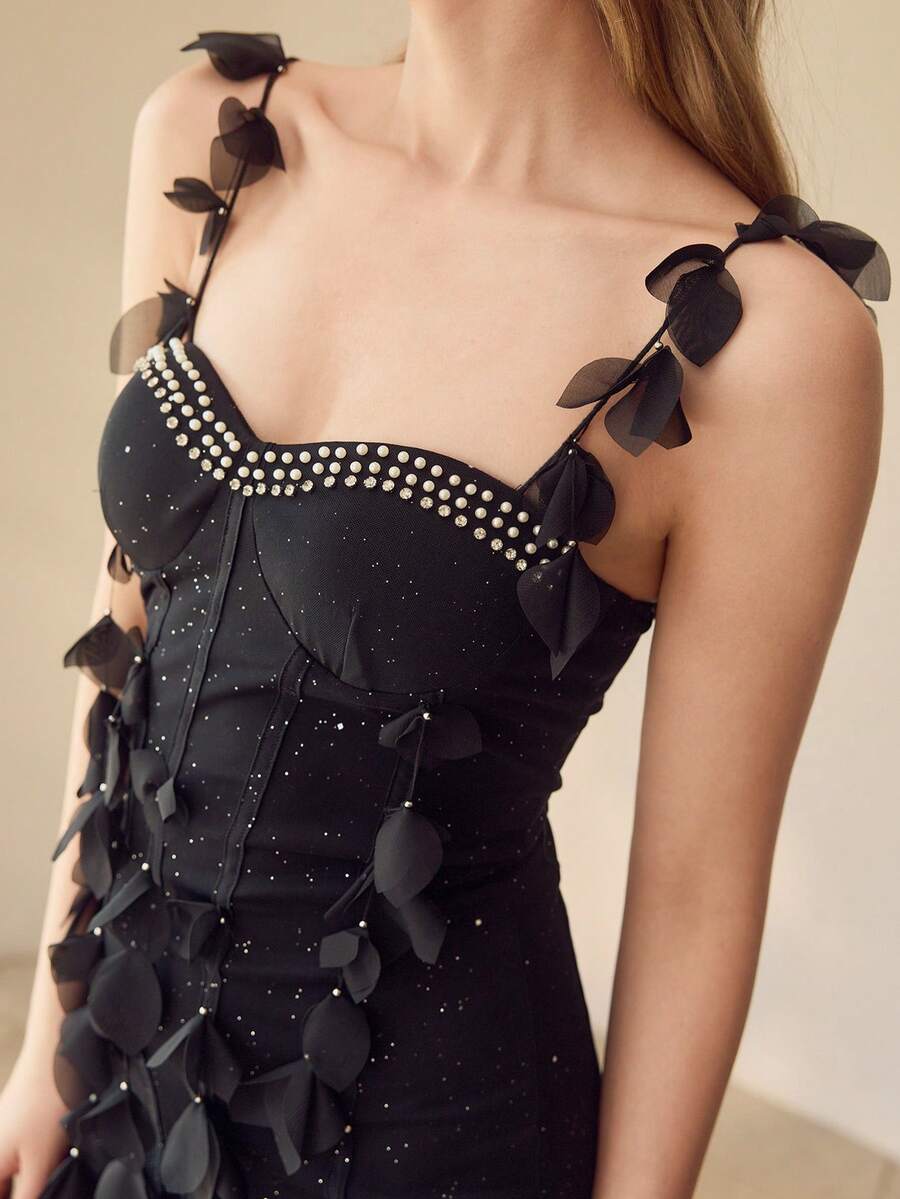 MOTF PREMIUM WOMEN'S HANDMADE 3D FLORAL CAMISOLE BODYCON MINI DRESS - Black - View 2