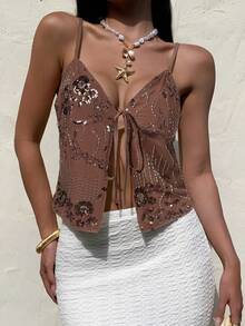 Serisse Correa de atar con bordado de cuentas, estilo casual para vacaciones de verano - Marrón - Ver 6