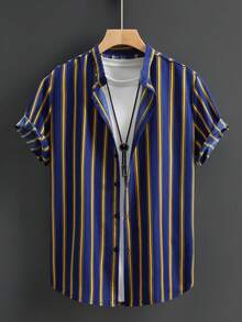 Manfinity Homme Áo sơ mi nam ngắn tay kẻ sọc một hàng khuy, kiểu dáng thường ngày/công sở, áo sơ mi nam, áo sơ mi dự tiệc nam, trang phục du lịch Hy Lạp nam, áo sơ mi vàng nam, áo sơ mi kẻ sọc kiểu cổ điển, thích hợp cho mặc hàng ngày, du lịch cuối tuần, hoạt động ngoài trời, thám hiểm, môi trường làm việc thoải mái, quà tặng cho bạn trai/chồng, quà kỷ niệm/sinh nhật, tiệc tùng, kỳ nghỉ hè, năm mới, đám cưới, ngày lễ tình nhân. - Màu xanh hải quân - Xem 7