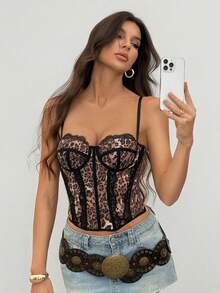 SHEIN Tall Women's Brown Leopard Print Mesh Lace Trim Sexy Camisole Top, Versatile For Outings, Date Nights, Theme Parties, Celebrations - Multicolor - View 7