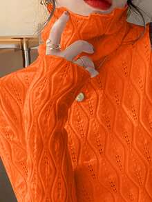 INAWLY 女士休闲通勤高领镂空针织毛衣，秋冬款 - 橘色 - 查看 4