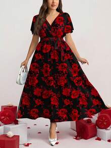Firerie Elegant Vintage Rose Floral Pattern Loose Plus Size Dress, Suitable For Dates - Multicolor - View 1