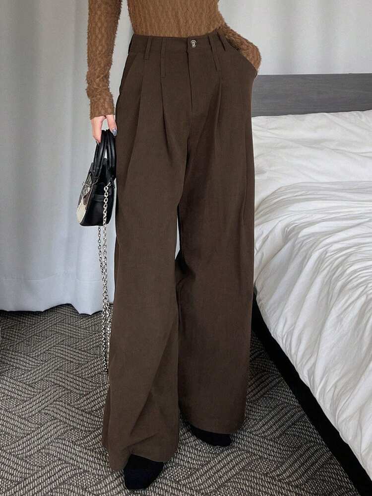 Women's Solid Color Pleated Waist Belt Loop Corduroy Casual Pants