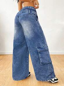 SHEIN Teen Girls' Fashion Loose Fit Multi-Pocket Denim Jeans - Dark Wash - View 2