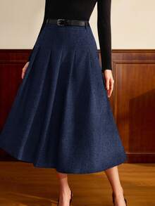 Vintamour 复古经典优雅女士半身裙，修身腰身，带口袋，灰色，百褶裙，适合夏秋穿着 - 藏蓝色 - 查看 3