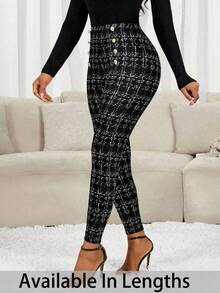 SHEIN Tall CURVE 大码女式休闲/办公通勤格子印花金色纽扣装饰修身高腰裤，适合日常生活、通勤、上学、教师、会议、外出、休闲等场合，高腰设计，春季女装，情人节，女士休闲装，黑色裤子 - 彩色 - 查看 1