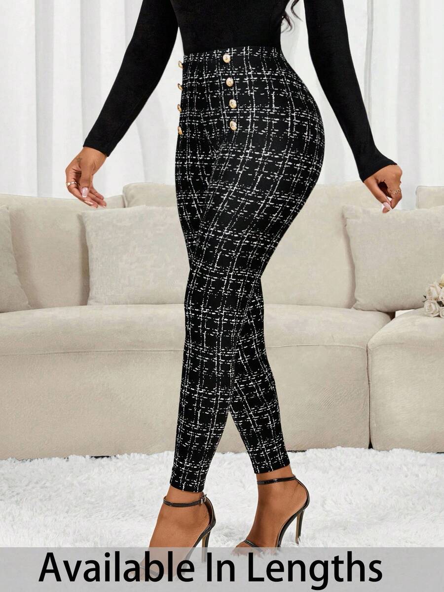 SHEIN Tall CURVE 大码女式休闲/办公通勤格子印花金色纽扣装饰修身高腰裤，适合日常生活、通勤、上学、教师、会议、外出、休闲等场合，高腰设计，春季女装，情人节，女士休闲装，黑色裤子 - 彩色 - 查看 1