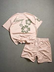 PAVTROS 男士休闲花卉提花短袖T恤和抽绳腰短裤套装，夏季两件套男士两件套短裤套装，男士休闲印花套装，男士花卉短袖T恤和短裤套装 - 卡其色 - 查看 2