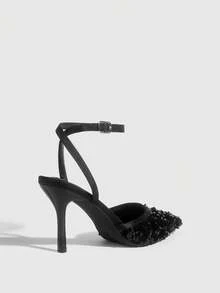 CUCCOO SZL Scarpe da donna alla moda, scarpe con tacco alto luccicanti, scarpe da donna con decorazioni in paillettes per banchetti e feste, scarpe con tacco alto in raso nero sexy per donne, scarpe con cinturino alla caviglia per abiti da sera, per appuntamenti, pomeriggi del tè, San Valentino, eleganti - nero - Visualizzare 9