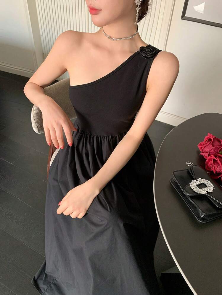 Women's Solid Color Sleeveless Dress With Elegant 3D Floral Shoulder Decor Summer Sundress Cocktail Dress