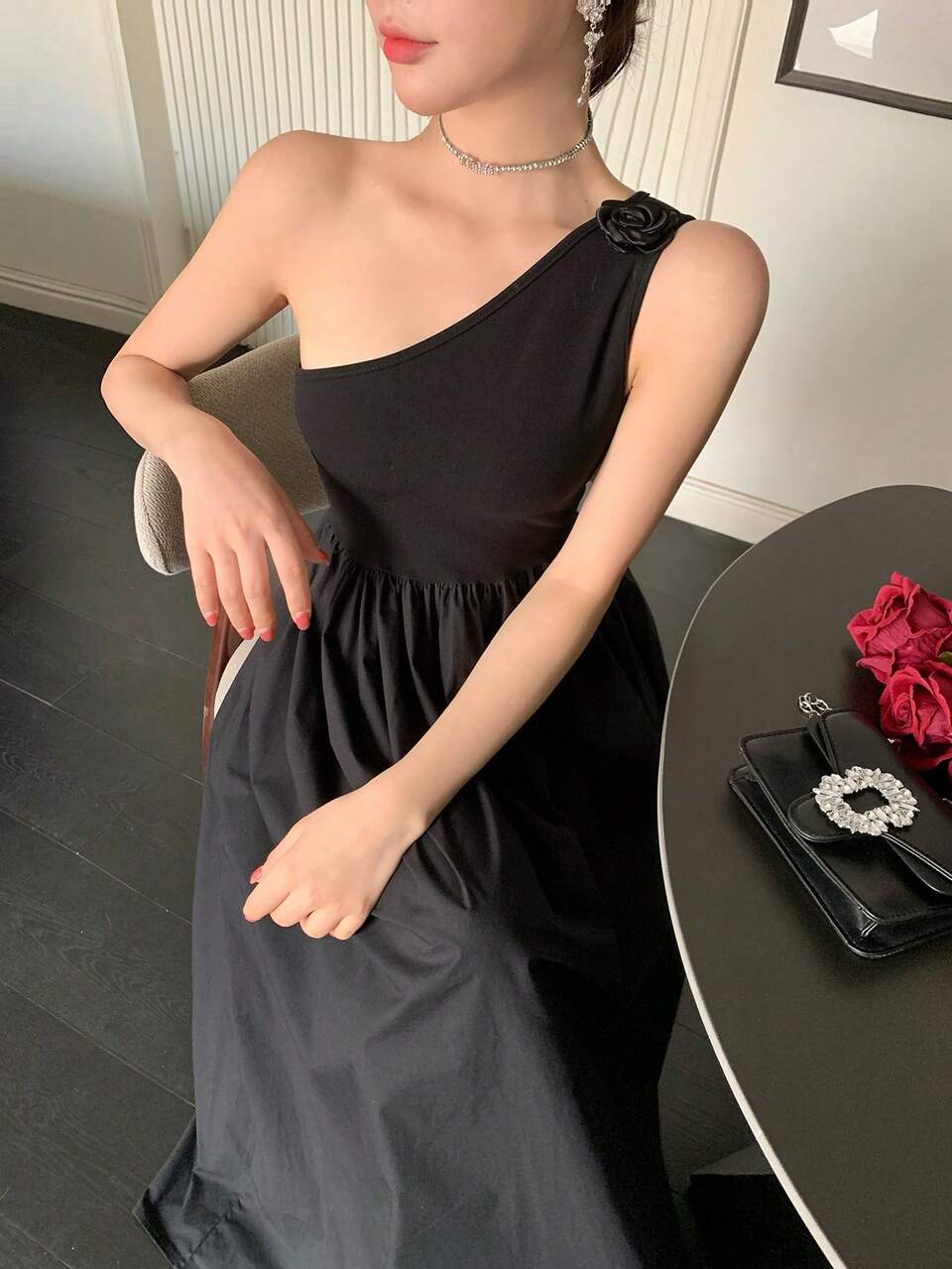 Women's Solid Color Sleeveless Dress With Elegant 3D Floral Shoulder Decor Summer Sundress Cocktail Dress