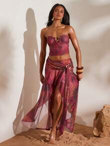 Opulessa 2pcs/Set Women's Knit Mesh Printed Crop Top & Low Waist Slit Skirt, Vacation Outfit, Spring/Summer Party, Club Outfits, Date, Night Out,Vacation ,Beach Outfits,Garden Wedding Guest Dress, Elegant Dress For Women,Sexy Elegant Party, Graduation,Prom, Going Out Outfit, Spring To Summer, Valentine's Day, Carnival Costume, Elegant Outfit For Party, Beach Outfit, Wedding Guest Outfit, Summer Vacation Outfits, Floral Outfit, Casual Sets,Mermaid, Bohemian Outfits, Ibiza Outfits, Western Style - Hot Pink - View 2