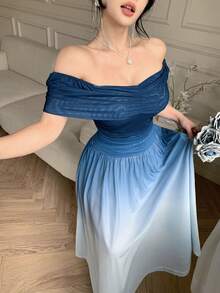 DAZY Women's Elegant Ombre Off-Shoulder Midi Dress, Summer Wedding Guest Dress Sundress - Blue - View 1