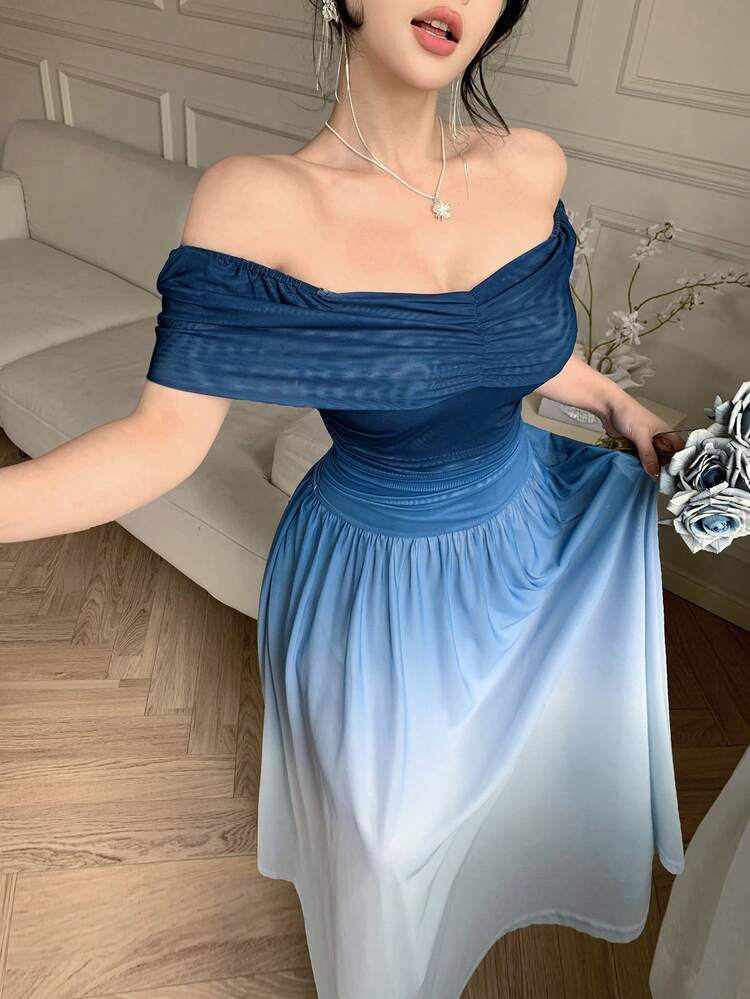 Women's Elegant Ombre Off-Shoulder Midi Dress, Summer Wedding Guest Dress Sundress