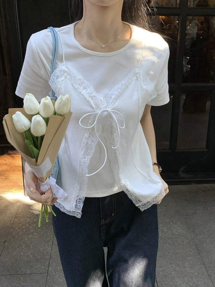 Women's 2 In 1 Lace Patchwork Round Neck Short Sleeve T-Shirt