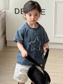 DAZY Toddler Boys' Round Neck Five-Pointed Star Korean Style Washed Denim Streetwear - Blue - View 10