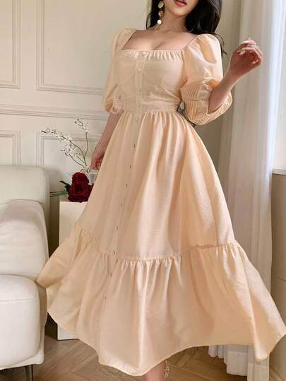 DAZY Vestido elegante de mujer con unicolor, dobladillo con volantes plisados, vestido de invitada de boda de verano