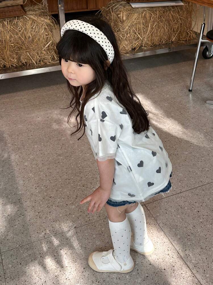 Baby Girl Heart Print Casual Round Neck Short Sleeve Top Summer Toddler Girls Clothes