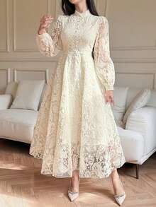 DAZY Đầm ren cổ đứng tay phồng đính cườm thanh lịch dành cho nữ, thích hợp làm đầm dự tiệc cưới mùa xuân/hè. - Màu be - Xem 6