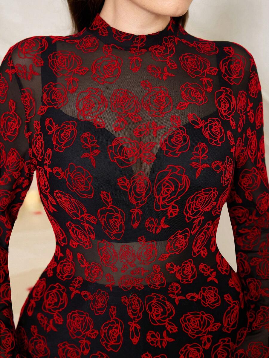 SHEIN Clasi 大码女式透视亮片网纱长袖上衣，优雅百搭，适合新年、情人节、生日、春假等场合。 - 紅色和黑色 - 查看 1