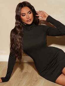 SHEIN Unity Vestido de mujer de cuello alto y espalda descubierta con decoración de anillo, de unicolor y estilo sencillo para otoño - Negro - Ver 5