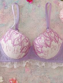 FloralLove Valentine's Day Heart Embroidery Floral Underwire 3/4 Cup Uplift Push Up Cleavage Enhancing Comfy Balconette Cute Fresh Romantic Backless Bow Cute Babydoll Women's Bra