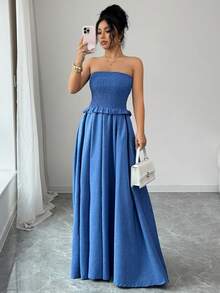 SHEIN Elenzya 优雅荷叶边下摆A字连衣裙，牛仔布质感面料，浪漫精致 - 中等水洗藍 - 查看 5