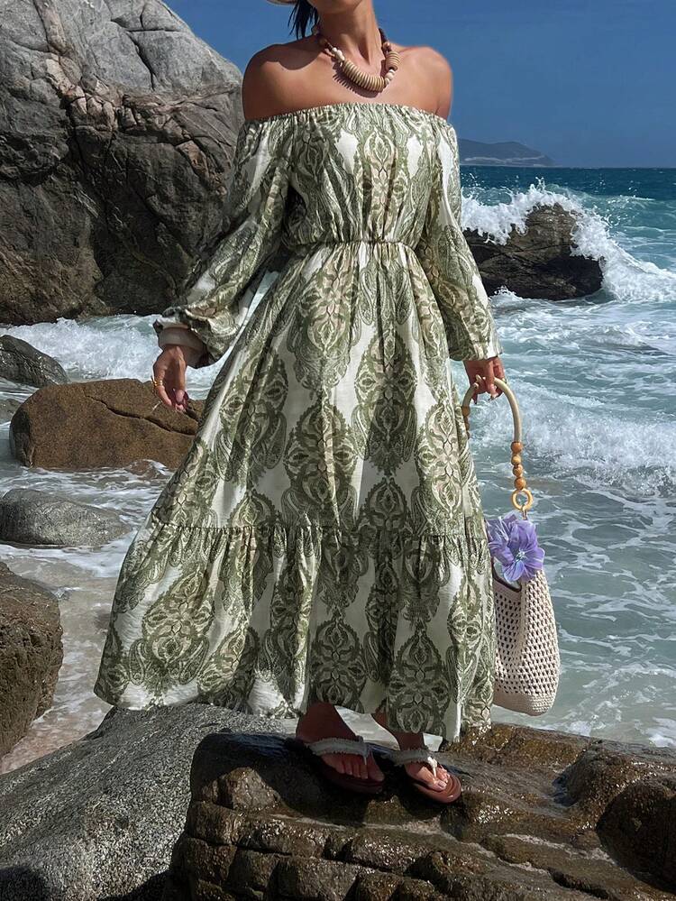 Women's Vacation Cashew Print Off-Shoulder Lantern Sleeve Ruffle Hem Dress Maxi Dress Cruise Outfit For Women Sundress Boho
