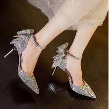 Zapatos de tacón alto para mujer con pedrería de cristal y lazo plateado. Sandalias elegantes de tacón fino estilo francés para damas de honor. - Plateado - Ver 2